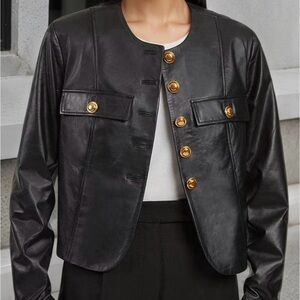 Black Faux Leather Button-Front Jacket with Gold Buttons